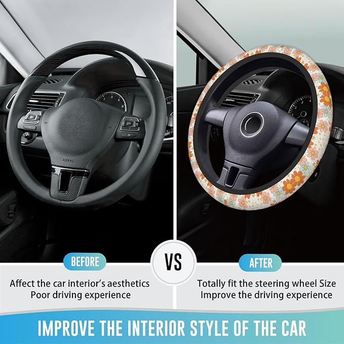Elastic Steering Wheel Cover Car Accessories Cute Universal 15 Inch Absorbing Sweat Non-Slip Breathable for Woman - Colorful Daisy