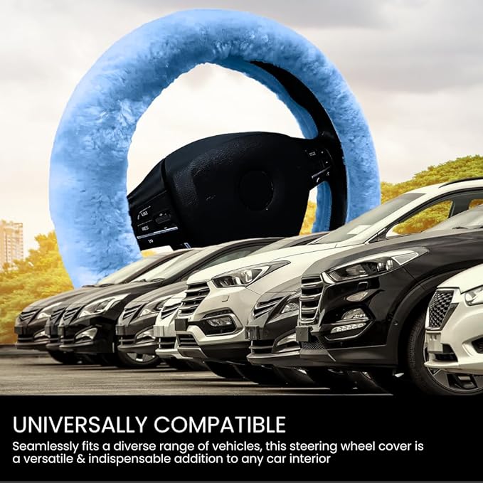 Andalus Brands Luxury Fluffy Car Steering Wheel Covers – Genuine Merino Sheepskin, Soft Fuzzy Car Steering Wheel Cover for Women, Universal 14.5-15" Size, Plush Fur Cute Auto Accessories, Sky Blue