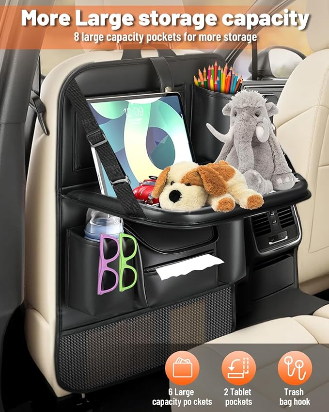 2 Pack Leather Car Backseat Organizer with Foldable Table Tray, Garbage Bag Hook, Protector Kick Mats for Kids, 8 Large-Capacity Pocket, Universal Car Seat Protector for Kids, Pets & Travel