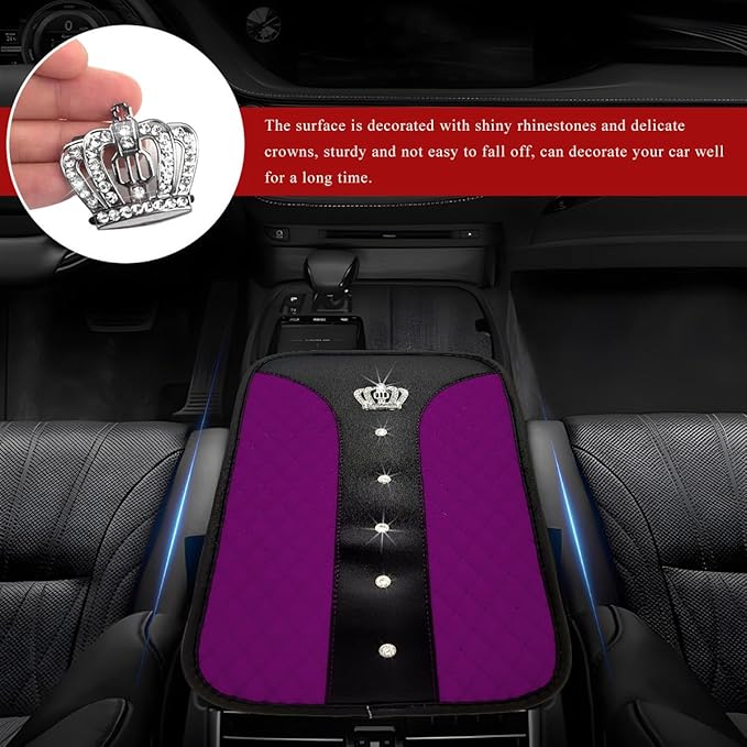 Bling Leather Car Center Console Cover, Anti-Slip Crown Armrest Seat Box Cushion Pad with Rhinestones, Waterproof Crystal Arm Rest Protector Interior Decor for Most Vehicles (Purple)