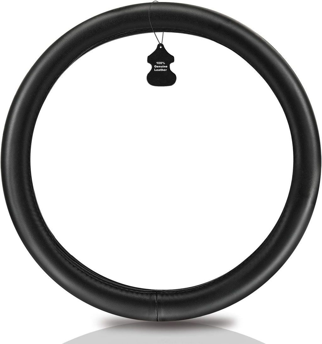 Haokay Heavy Duty Pure Cowhide Steering Wheel Cover, Black Genuine Leather Steering Wheel Cover Men Women Universal 14.5 to 15 Inch