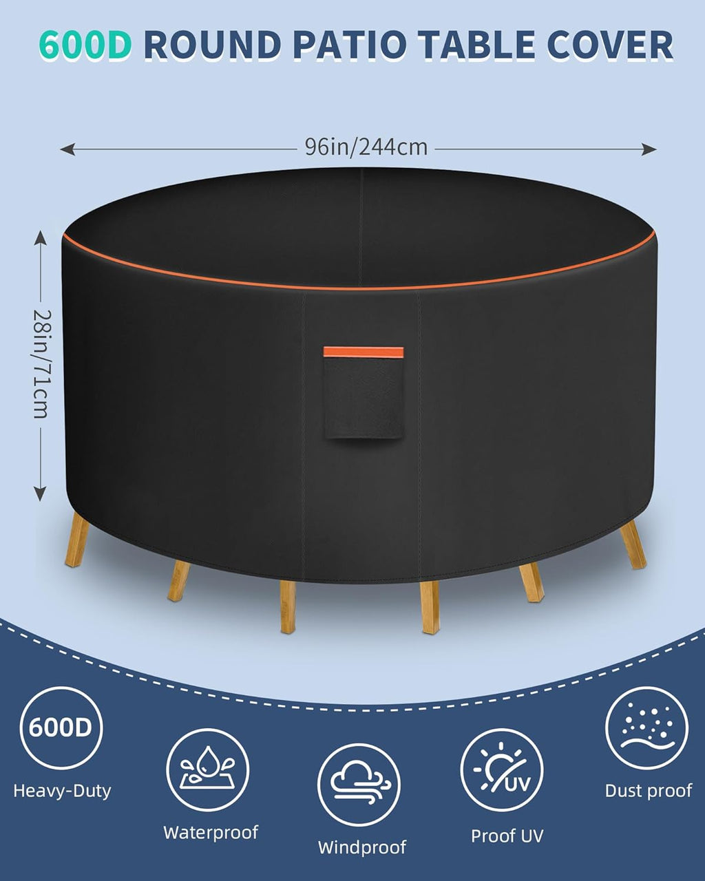 Round Patio Furniture Cover, 96 Inch Diameter Waterproof 600D Heavy Duty Table and Chair Set Protection Black