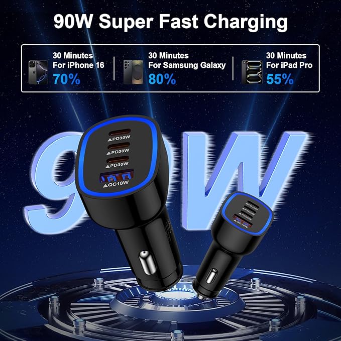 Samsung Car Charger USB C 90W Fast Charging Adapter for Samsung Galaxy A17 A16 A15 5G A56 A36 S25 Edge S24 Ultra S23 S22 S21 4Port Cigarette Lighter Fast Car Phone Charger for iPhone 17 16 Pro Max 15