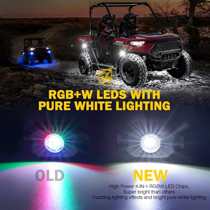 Xprite RGBW LED Rock Lights Kit with Bluetooth & Wireless Remote Controller, Multicolor Cars Underglow, Wheel, Footwell Neon Light Kits, for Off-Road UTV ATV Trucks SUV Motorcycle Boats - 6 Pods