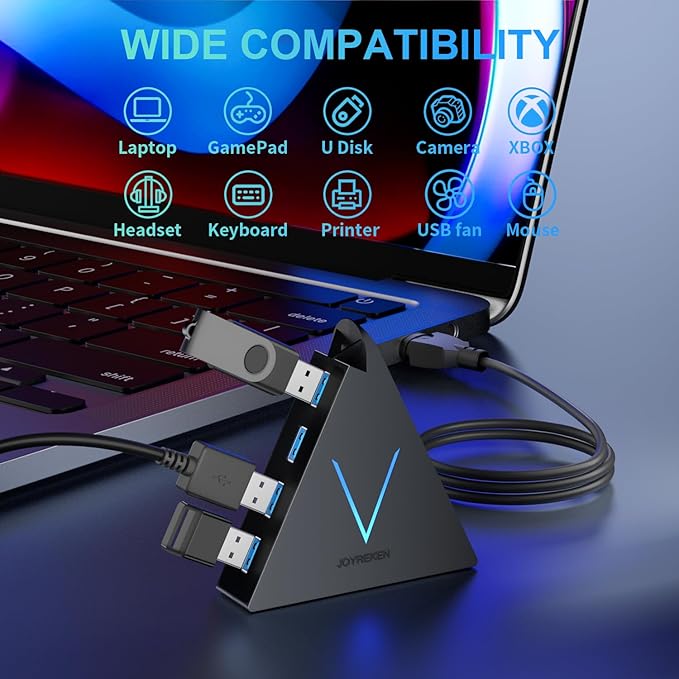 4-Port USB 3.0 Hub, FlyingVHUB USB Hub Tower with 2 ft Extended Cable,USB Splitter for Laptop,PC,PS4,PS5,Xbox,Mouse,Keyboard, Flash Drive, U-Disk (Black)