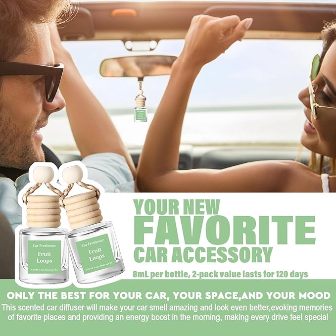 C Classy Hanging Car Air Freshener 2 Pack, Fruit Loops Essential Oil Diffuser, Long-Lasting Fragrance, Cute Glass Bottle Car Accessories for Women & Men, Made in USA