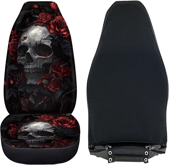 ELEQIN Gothic Raven Skull Car Seat Covers Two Front Only for Car, Automotive Interior Covers, Quick Setup Universal Fit Seat Covers for Car, Truck, SUV