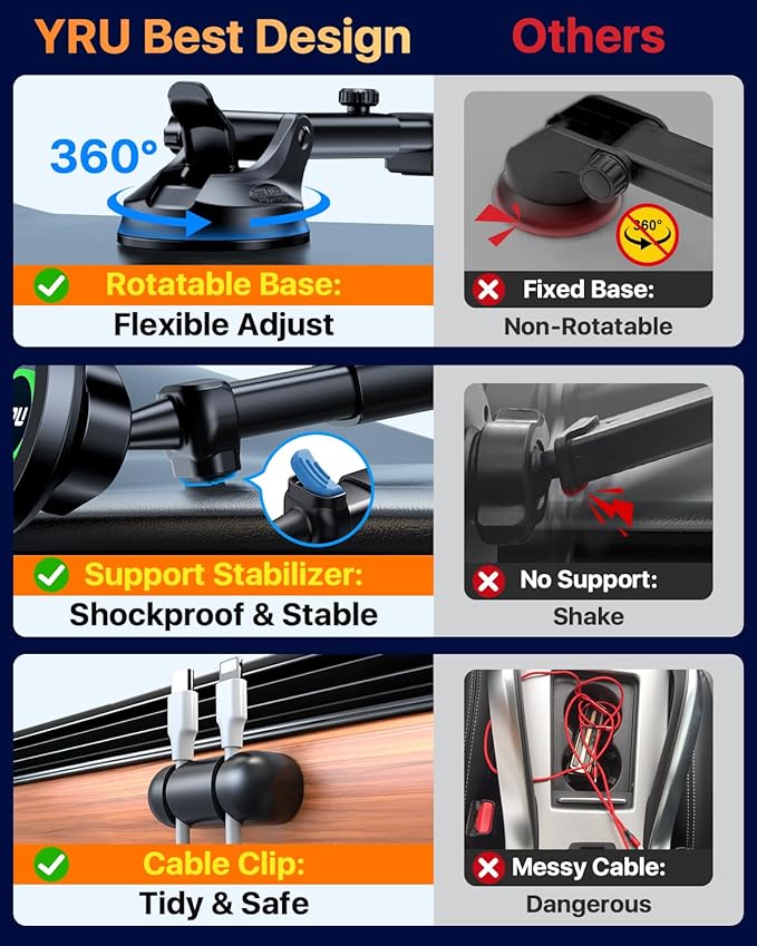 YRU [2026 Military-Grade] for Magsafe Car Mount [90+LBS Strong Suction] 360° Adjustable Magnetic Phone Holder for Car Dashboard Windshield Vent, Cradle for iPhone 17 16 15 14 13 12 Samsung, Black