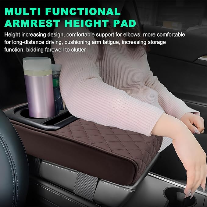 Car Center Console Armrest Pillow, Memory Foam Auto Armrest Box Cover with Cup Holder & Phone Holder, Waterproof Leather Arm Rest Protector Cushion, Interior Car Accessories (Diamond, Coffee)
