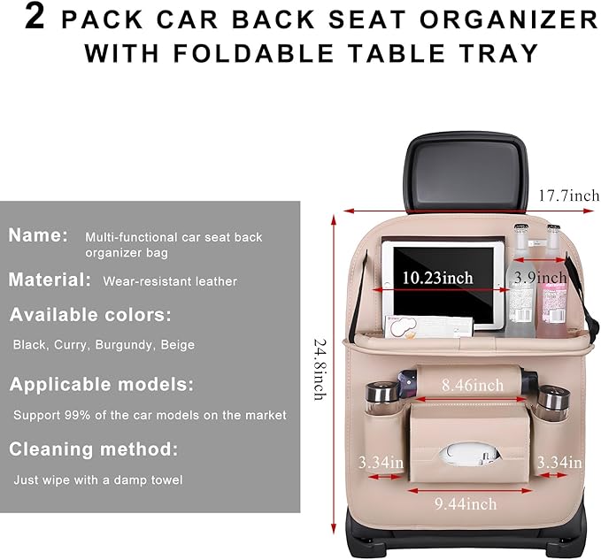 2PCS Car Backseat Organizer, Leather Multi-Pocket Seat Back Protector with Foldable Table Tray, Multifunctional Vehicle Storage Organizer Kick Mat for Kids Toddler Travel (Beige)