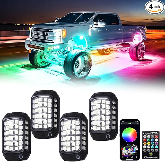 RGB LED Rock Lights Kit, 4 pods Underglow Multicolor Neon Light Pod with Bluetooth App Control Flashing Music Mode Wheel Well Light for Truck ATV UTV RZR SUV