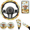 Highland Cow Print Car Accessories 6 Pcs Sets Sunflower Car Steering Wheel Cover Set for Men Women Cup Coaster Cars Armrest Cover Fits Most Cars Trucks Vans SUV