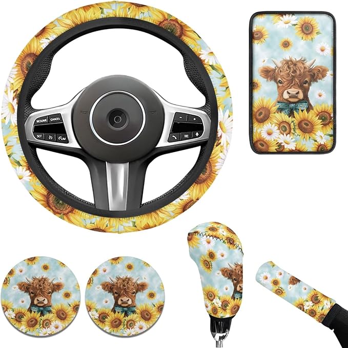 Highland Cow Print Car Accessories 6 Pcs Sets Sunflower Car Steering Wheel Cover Set for Men Women Cup Coaster Cars Armrest Cover Fits Most Cars Trucks Vans SUV