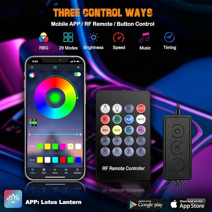 Jushope Car LED Lights, Interior Car Lights with Wireless APP/RF Remote/Button Control, Car Ambient Lighting Kit with 236" Integrated Molding Fiber Optic RGB Sync to Music (9 in 1-USB)
