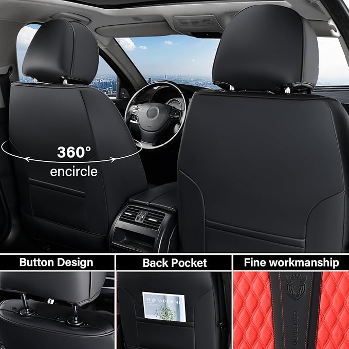 Coverado Car Seat Covers Full Set, 5 Seat Leather Seat Covers for Cars, Car Seat Protector with Lumbar Support, Waterproof Seat Covers Universal Fit for Most Cars SUV Trucks (Red&Black)