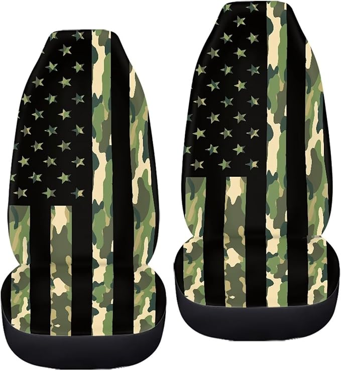 ELEQIN 2 Packs Car Front Seat Cover Car Seat Protector, Nonslip Cushion Cover for Cars, Trucks & SUVs Auto Interior Decor, Camo American Flag Print