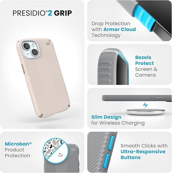 Speck Presidio2 Grip iPhone 15 Case - 6.1 inch - Compatible with iPhone 14 & 13 - Bleached Bone/Heirloom Gold/Hazel Brown