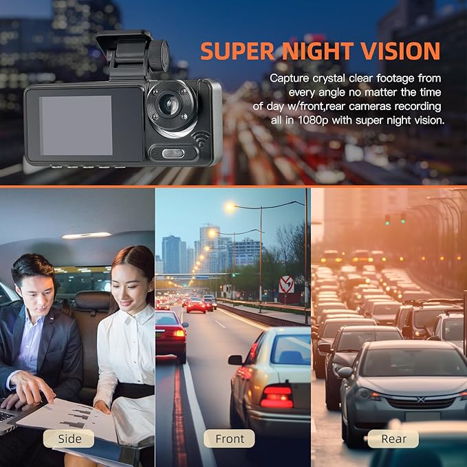 3 Channel Dash Cam, Dash Camera, 1080P Full UHD Car Camera Front and Rear Inside with 64GB Card,Built-in Super Night Vision,2.0'' IPS Screen,170°Wide Angle,WDR, 24H Parking Mode, Loop Recording