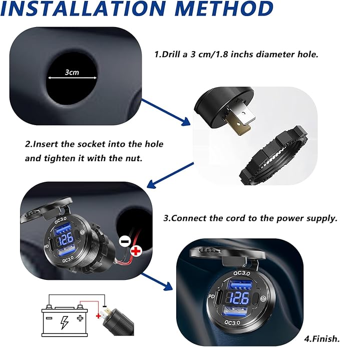12V USB Outlet, VANONE Aluminum Alloy Dual 18W QC3.0 Ports & 36W PD USB Charging Port 12 Volt Outlet Charger Socket, Accessories for Car Boat Marine Motorcycle RV ATV Truck Golf Cart, etc