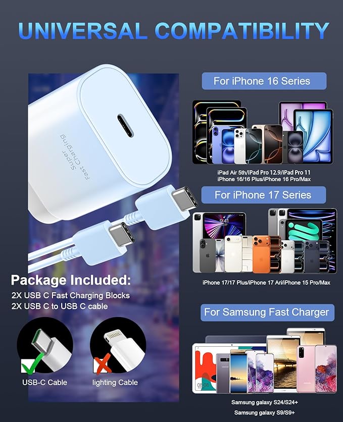 Phone 17 16 15 Charger Fast Charging,30W USB C Phone 17 16 15 Pro Max Charger Block&10FT Long Type C Cable Cord for i.Phone 17/Air/17 Pro/17 Pro Max/16/16 Pro/16 Pro Max/15/15 Pro Max,Blue Gradient