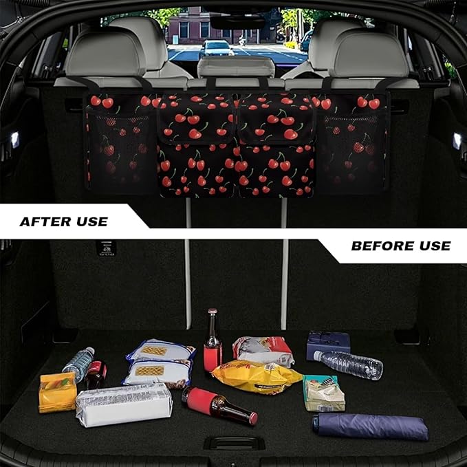 Cherry Trunk Organizer for Car Women Adjustable Back Seat Car Organizer Oxford Cloth Car Back Seat Organizer with 4 Pockets, Space-Saving Car Organizers Storage Bag for SUV/MPV/Truck