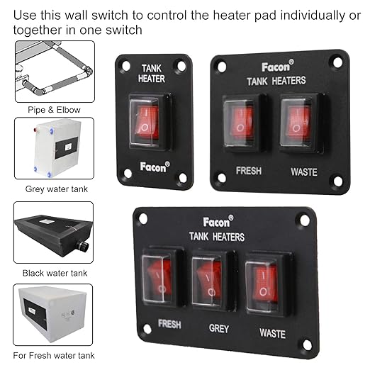 Facon 12Volts Switch Box Panel, 20Amps Rocket On&Off Switch with Red Indicator Light for RV Tank System, IP66 Waterproof Control Gang Kit System for RV Tank Heating Pad
