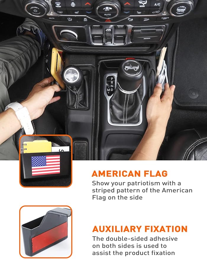 Savadicar GT-2 Shifter Storage Box, American Flag Gear Shift Tray, Center Console Organizer for 2018-2025 Jeep Wrangler JL JLU 4XE & Gladiator JT, Interior Accessories, Black,1 PC