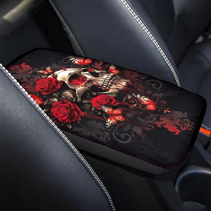 Dreaweet Rose Skull Arm Rest Cover for Car Women Gothic Car Accessories Universal Comfort Center Console Cover Soft Anti-Scratch Vehicle Center Console Armrest Cover Pad