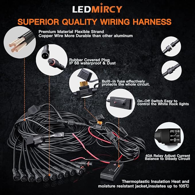 LEDMIRCY Pure White Rock Lights Kit with Switch Wire Harness 12PCS LED Rock Lights White for Off Road Trucks ATV UTV SUV RZR Underglow Trail Rig Light High Power Under Body Waterproof Shockproof