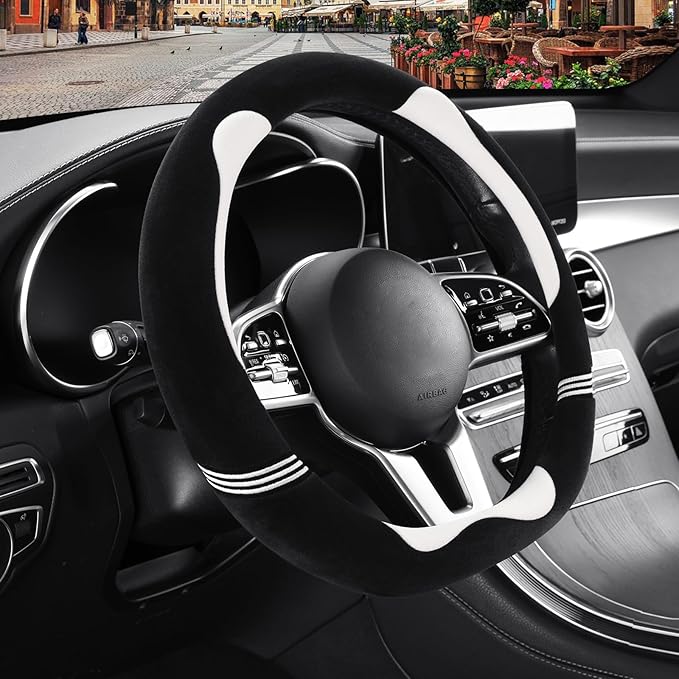 Furry Cute D Shaped Steering Wheel Cover, Soft Fluffy Short Plush Auto Accessories, Non-Slip Cold-Proof Sweat-Proof Colorfast, Universal 15 inch(Black with White)