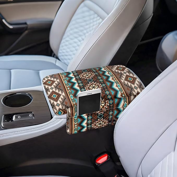 Dreaweet Car Center Console Cover Southwestern Native Indian American Aztec Navajo Arm Rest Cover for Car with Pockets Soft Comfy Thick Car Armrest Cushion Storage Box Mat