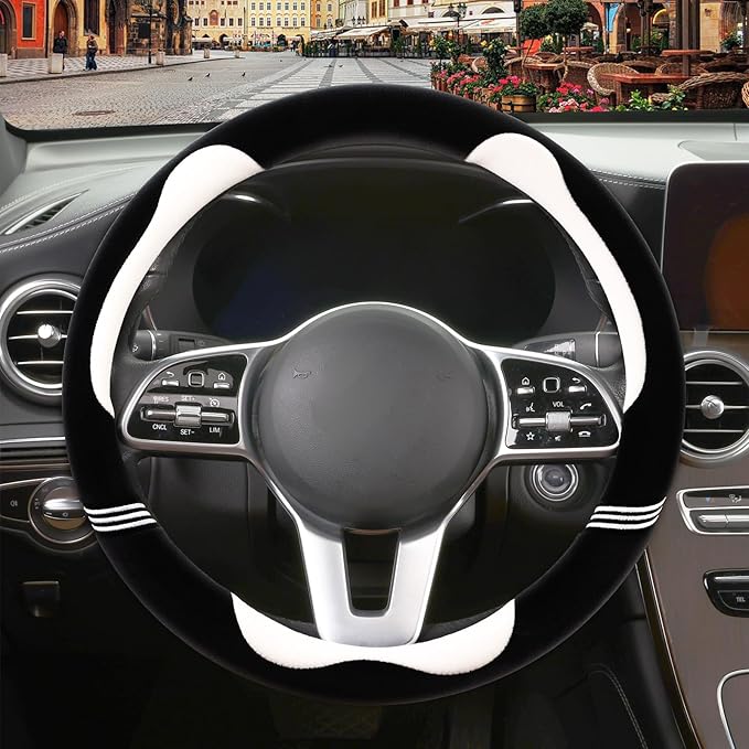 Furry Cute Steering Wheel Cover, Soft Fluffy Short Plush Auto Accessories, Non-Slip Cold-Proof Sweat-Proof Colorfast, Universal 15 inch(Black with White)