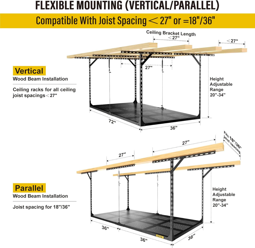 3x6ft Overhead Garage Storage, Adjustable Ceiling Mounted Storage Racks, 36" Length x72 Width x 35" Height, 20''-40" Ceiling Dropdown, 680LBS Weight Capacity (Black)