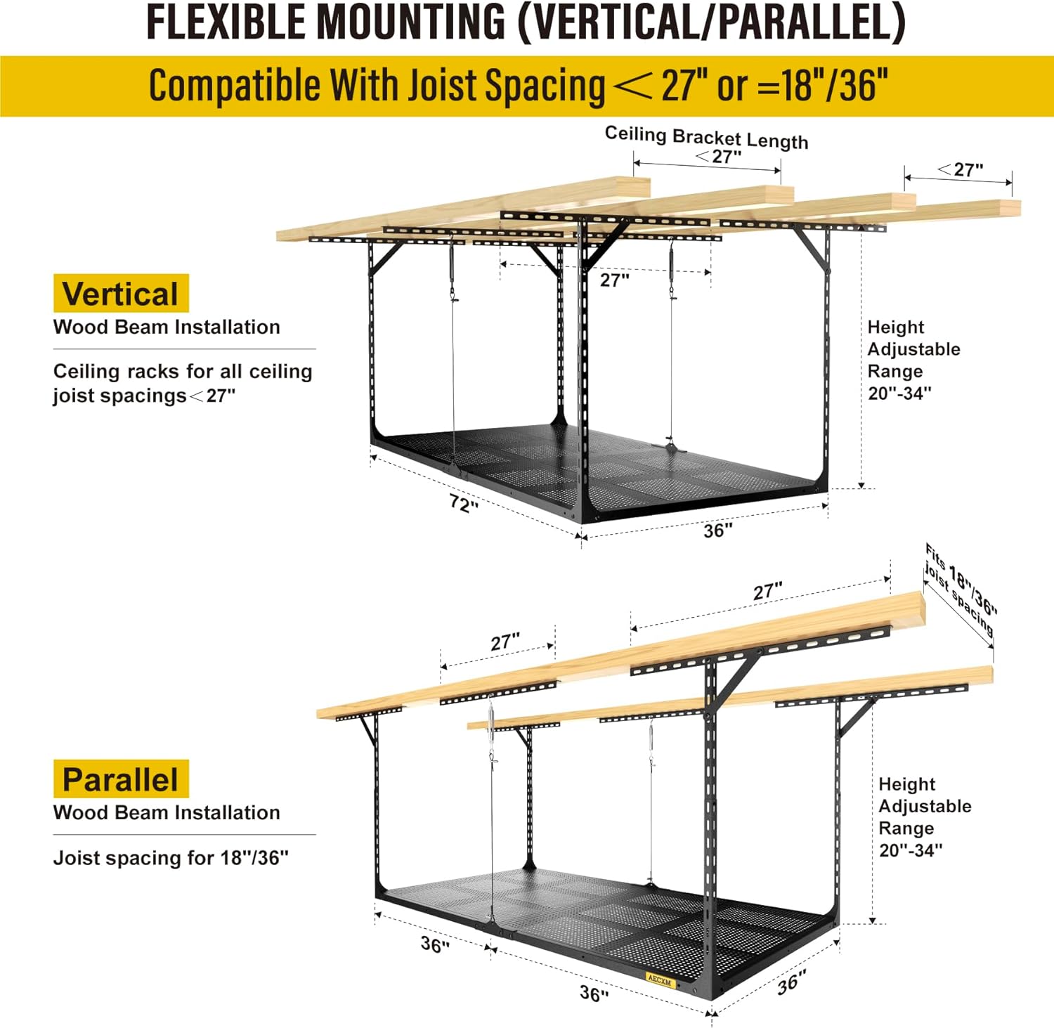 3x6ft Overhead Garage Storage, Adjustable Ceiling Mounted Storage Racks, 36" Length x72 Width x 35" Height, 20''-40" Ceiling Dropdown, 680LBS Weight Capacity (Black)