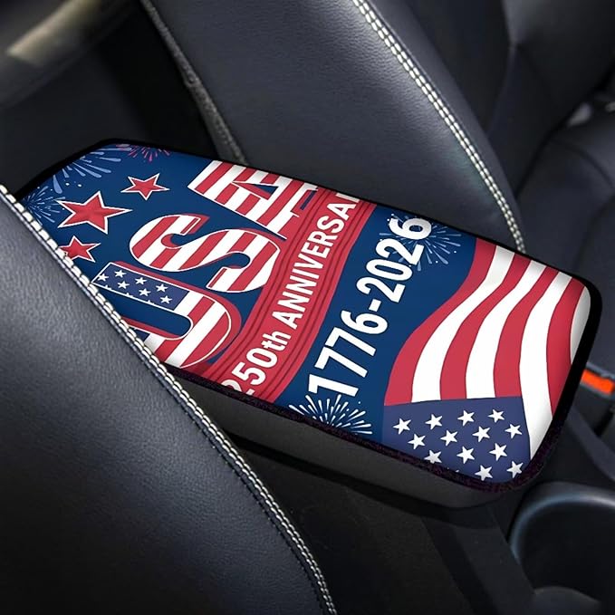 Dreaweet USA 250th Anniversary Center Console Cover 1776-2026 Flag Car Accessories Armrest Box Storage Mat Soft Comfort Arm Rest Cover for Car Truck SUV