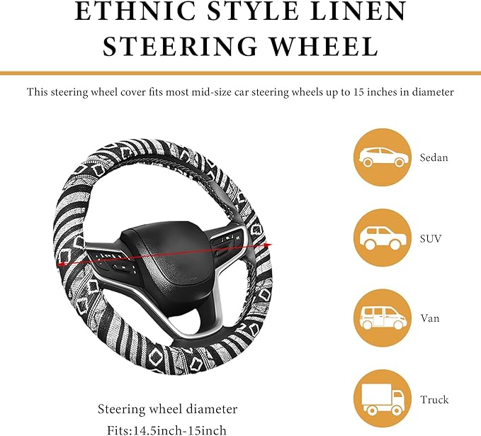 Boho Steering Wheel Cover, 15 Inch Coarse Flax Cloth Ethnic Style Anti-Slip Car Wheel Wrap, Universal Breathable Bohemian Steering Wheel Protector for Cars Vans Trucks (E)