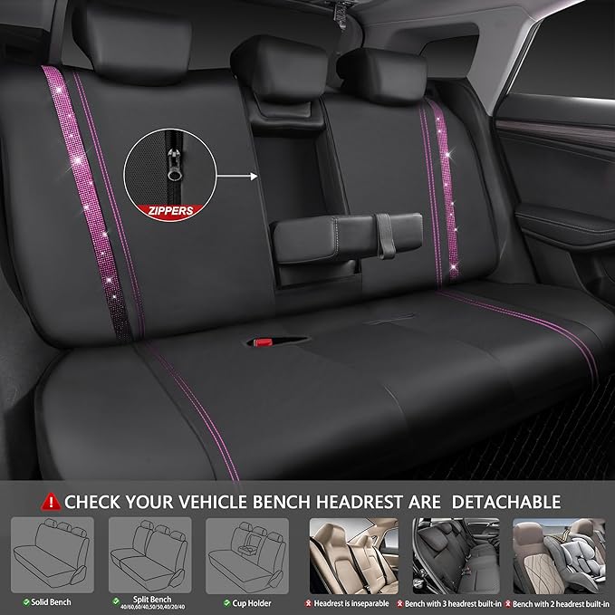 CAR PASS Bling Diamond Car Seat Covers Full Set, Shining Rhinestone Waterproof Faux Leather, Rear with Zipper, Universal Fit Automotive Glitter Crystal Sparkle Strips for Women Girl, Black Pink