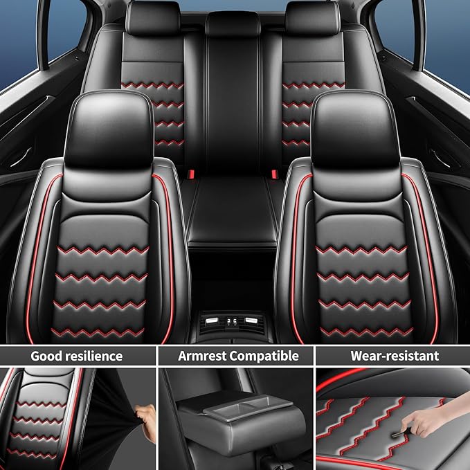 CX-7 Car Seat Covers Fit for Mazda CX-7 2007-2012, Full Coverage Premium Leather Waterproof Breathable Seat Covers, Automotive Seat Protectors, Airbag Compatible(Full Set Seats, Black & Red)