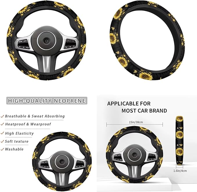 Butterfly & Sunflower Print Car Accessories for Women 6 Pcs Steering Wheel Cover Handbrake Gear Cover Cup Coaster Armrest Cover Auto Accessories for Men Women