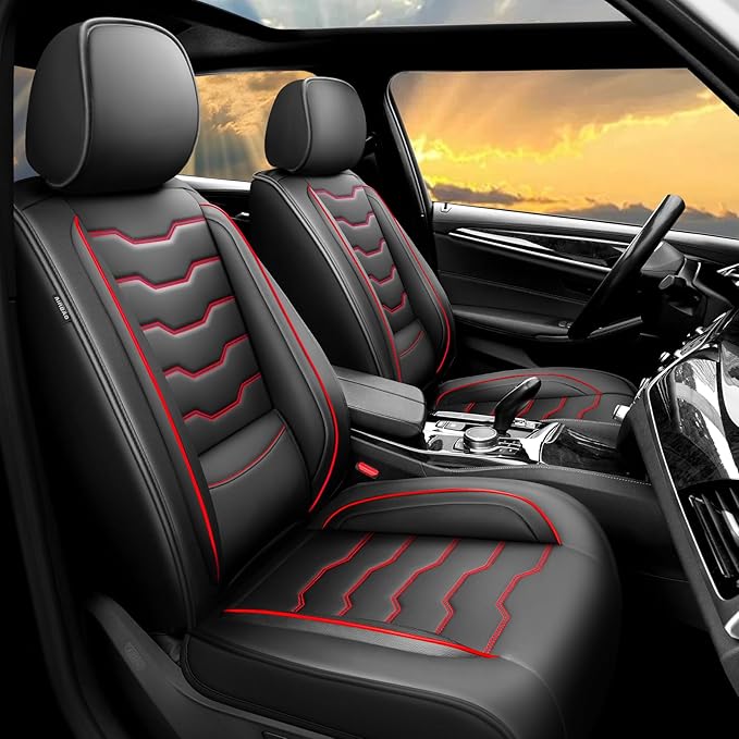 Fit Kicks Car Seat Covers Premium Leather Compatible with Nissan Kicks 2018 2019-2026 (5 Seats Full Set Waterproof Breathable All-Weather Seat Cushion Protector（5 Seats Red Line Black)
