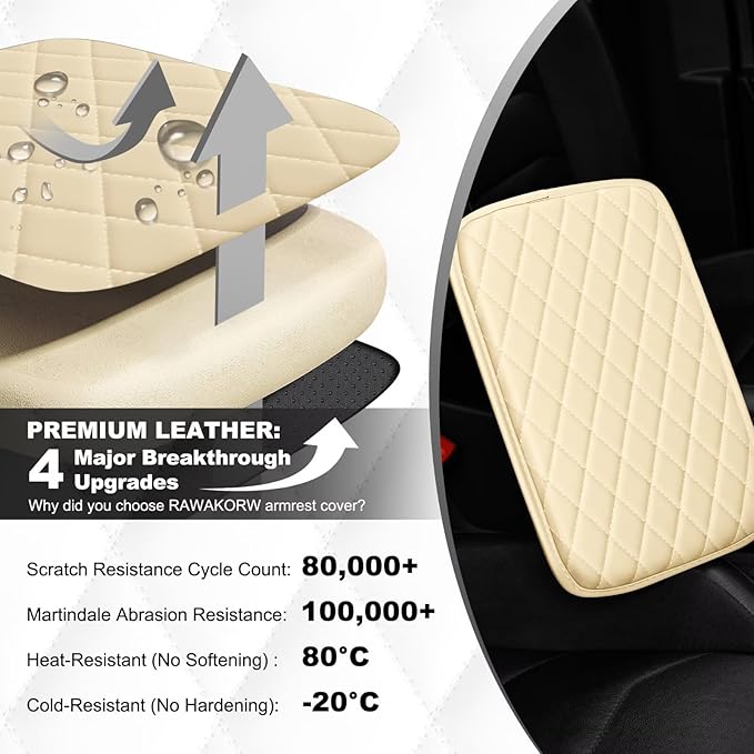 Upgraded Car Center Console Cover Fit for RAV4 Faux Leather Car Armrest Cover Cushion with 2 Storage Bags,Car Armrest Storage Box Interior Accessories(Beige&Whiteline)