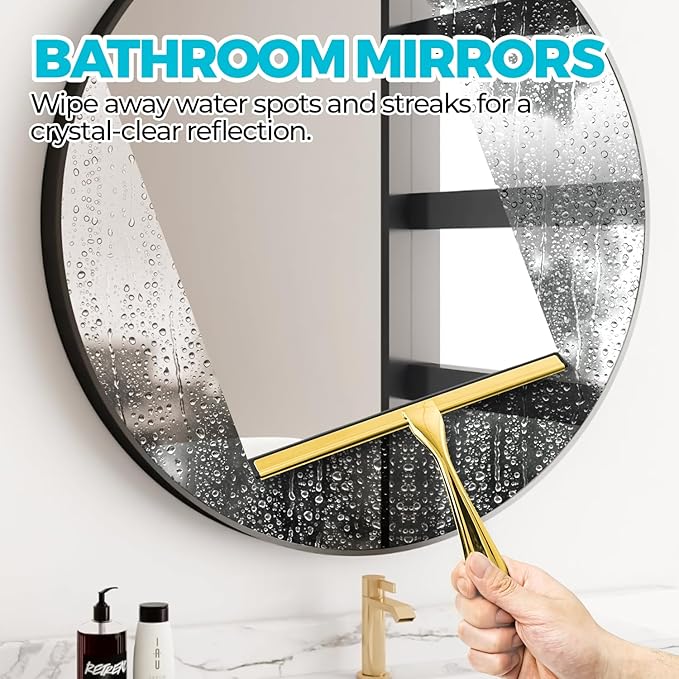 ALFLOD 2PACK All-Purpose Shower Squeegee for Shower Doors, Bath Linen Sets, Tile Shower Walls, Bathroom, Window, Glass and Car Windshield, Mirrors and Kitchen-Stainless Steel, 11.8-Inch Golden
