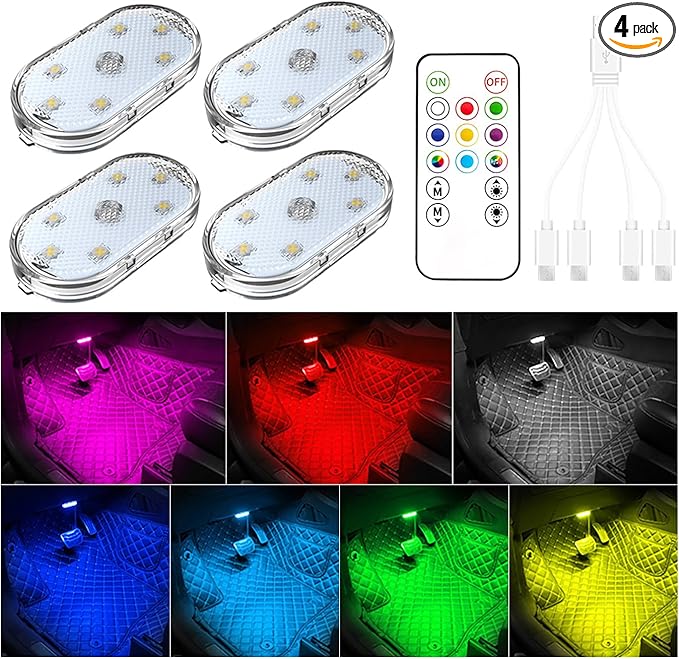 4 PCS Car Led Lights Interior,7 Colors Ambient Lighting Car Interior,USB Rechargeable Car Interior Reading Light,Portable Led Lights for Car