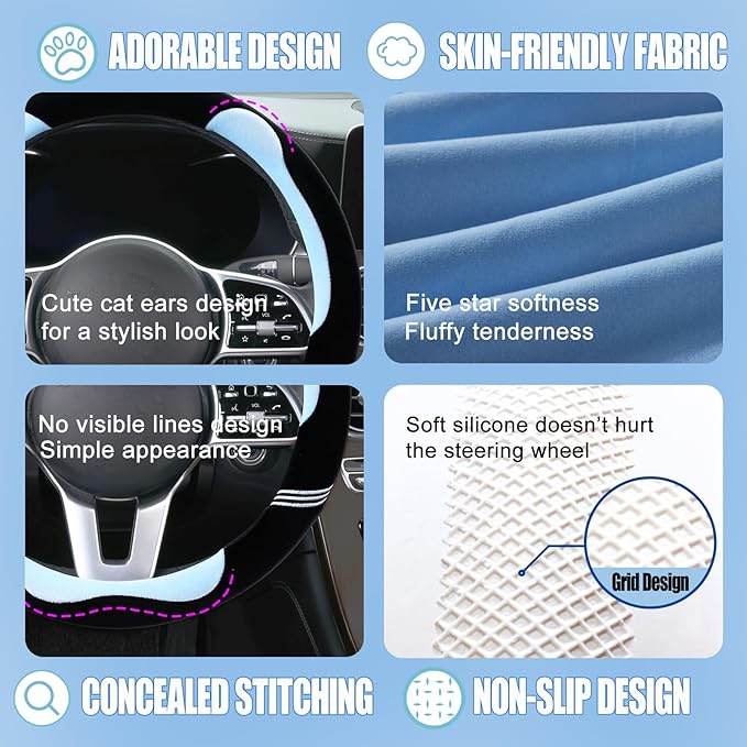 Furry Cute D Shaped Steering Wheel Cover, Soft Fluffy Short Plush Auto Accessories, Non-Slip Cold-Proof Sweat-Proof Colorfast, Universal 15 inch(Black with Blue)