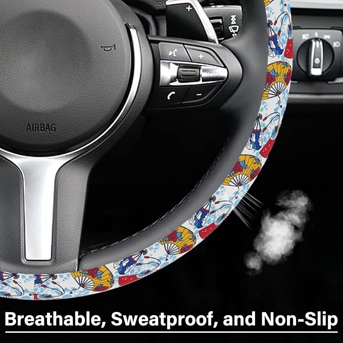Yellow and Red Fan Steering Wheel Cover, Cute Print Steering Wheel Cover Protector, Ultra Thin Breathable Non-Slip, Car Accessories for Women, for Steering Wheel with a Diameter of 14.5"-15"