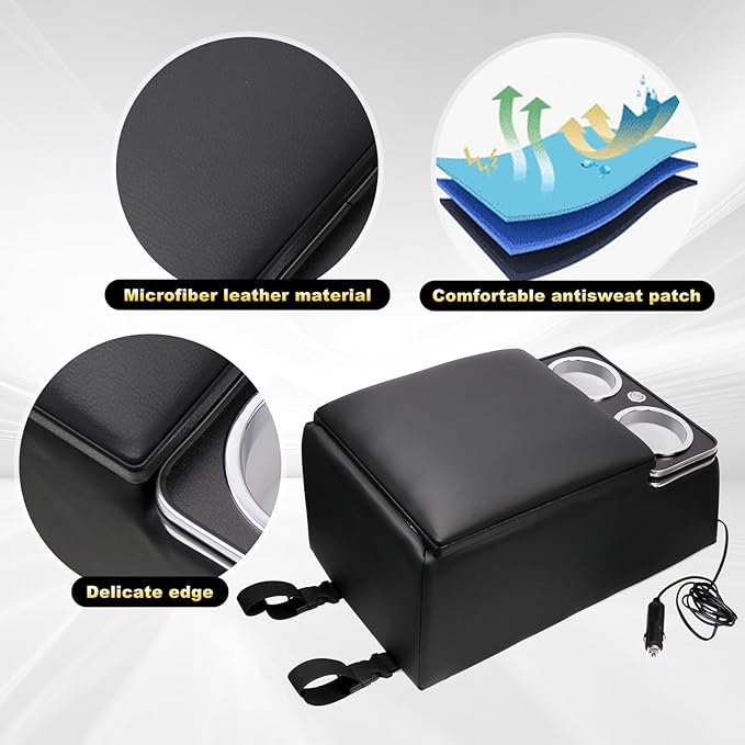 Black Universal Truck Seat/Bench Organizer with LED Light, USB Port, Cup Holders, Armrest, Padded Top Lid - Ideal for Business Upgrade Center Console Organizerand