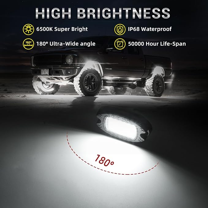 20 Pods Alloy Pure White LED Rock Lights with Extension Wires, IP68 Waterproof Shockproof 24LEDs 6500K Super Bright White Neon Underglow Kit for Semi Trucks Trailer Offroad Pickup Boats Sedans RV