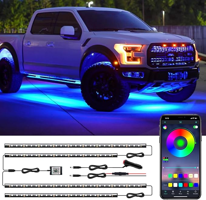 LED Underglow Kit for Car, 16 Million RGB Colors 29 Modes, APP + Remote Control, Music Sync & DIY Mode, Waterproof Under Car Lights Exterior for SUVs Trucks, DC 12V