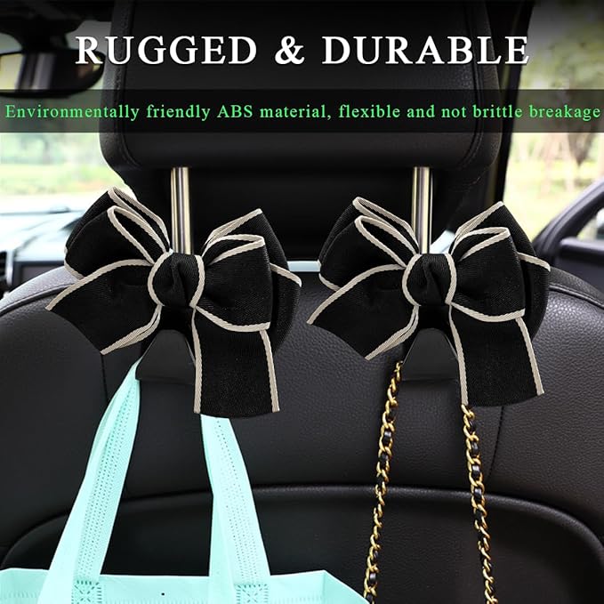 2 PCS Car Seat Headrest Hooks, Cute Bow Shaped Vehicle Backseat Storage Hooks, Leather Bow Shaped Sturdy Car Seat Back Hooks for Purses/Coats/Umbrellas, Car Accessories (White Edge)