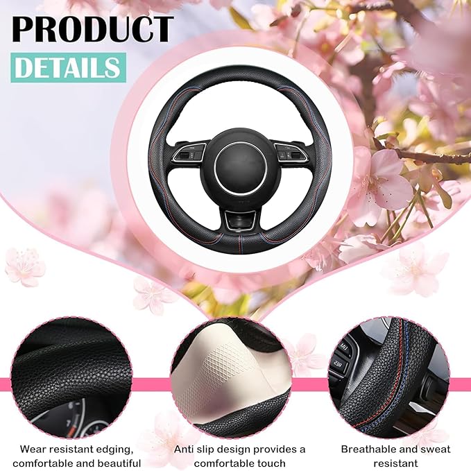 SuperKaKa Car Steering Wheel Cover 2025, Universal Auto PU Cute Breathable Slip-Proof Comfort Imitation Leather Protector Cars Interior Accessories for Women Men Fit Most Vehicle (Black)